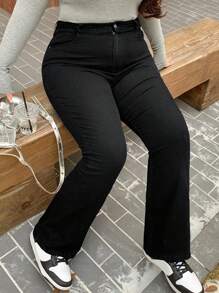 Dazy Plus Plus Size Women Solid Color Pockets Fitted Stretchy Flare Leg Long Jeans - Black - View 5