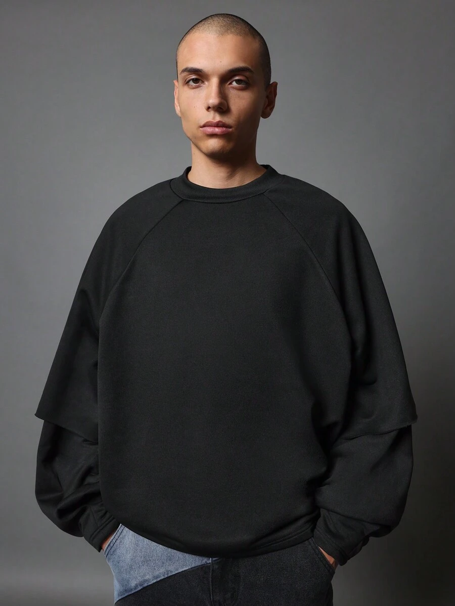 SUMWON Layered Raglan Sweatshirt Pullover Athletic Sporty Streetwear Daily Casual Winter Autumn Spring Essential Relaxed Gym Urban - Black - View 1