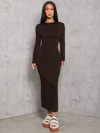 SHEIN PETITE Düz Renk Pileli Bel Siyah Uzun Kollu Elbise