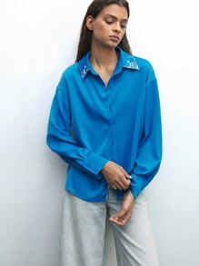 Maija Blusa elegante de manga larga con botones delanteros y adorno de strass de unicolor para mujer