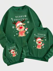 Manfinity Homme Christmas Snowflake & Reindeer Family Print Crew Neck Standard Fit Casual Pullover Sweatshirt, Green
