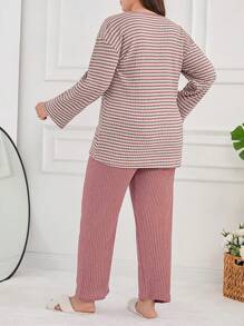 EURMUSE 2Pcs Cotton Contrast Colour Striped Long Sleeve Shirt And Long Bottoms PJ Set - Dusty Pink - View 2