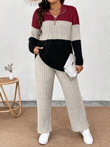 Calvaya 加大码领口拉链装饰柔软针织长袖条纹拼布T恤和柔软罗纹裤两件套