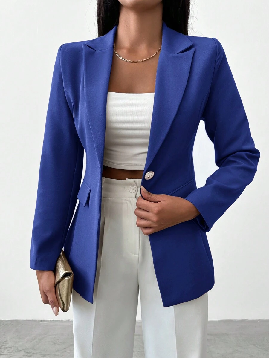 EURMUSE 1pc Women's Solid Color Single-Breasted Elegant Long Sleeve Blazer - Royal Blue - View 1
