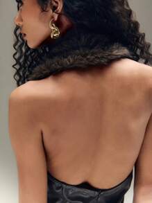 TypaGal Winter Faux Fur Collar Contrast Stitch PU Backless Pleated Dress Winter - Brown - View 7