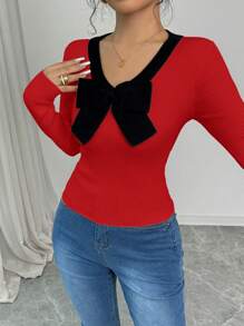 Elenzga 1 pieza Suéter sencillo de mujer con mangas largas, decoración de lazo y bloque de color, casual para usar diariamente, ropa para Año Nuevo