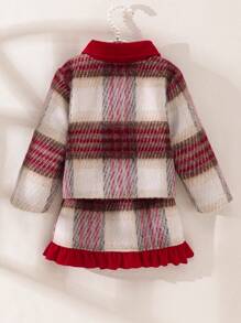 2 件套年轻女孩优雅红色格子夹克 + 格子裙，秋冬风格 - 紅色 - 查看 2