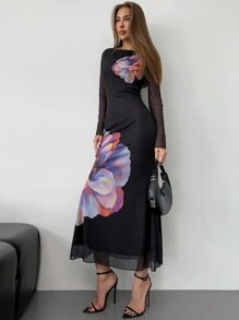 Aloruh 女士长款圆领网眼印花鱼尾修身圣诞节和万圣节派对连衣裙