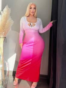 SHEIN SXY Rochie de damă cu mânecă lungă, cu mânecă lungă, cu spatele deschis, cu imprimeu degradat, cu legături, potrivită pentru toamnă/iarnă - Multicolor - Vizualizare 7