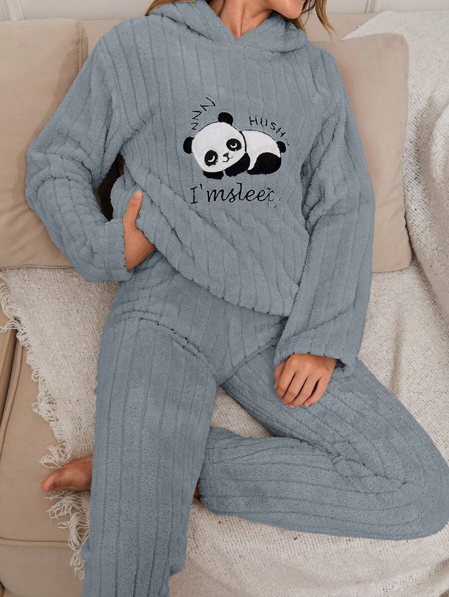 EURMUSE 2-teiliges Pyjama-Set aus Plüsch mit Panda-Stickerei-Detail - Graublau - Übersicht 1