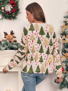 Chiquease Women's Christmas Tree Print Crew Neck Long Sleeve Sweater Knit Pullover Fall Winter Outfit - Multicolor - View 2
