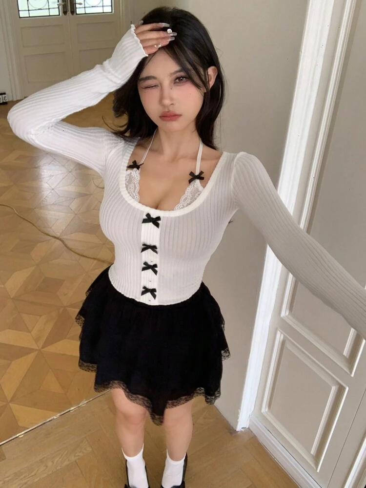 Women Lace Splicing Bowknot Decoration Long Sleeve T-Shirt