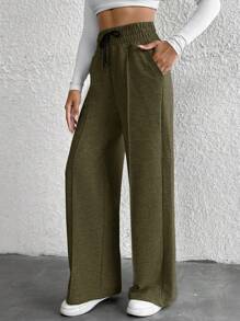 Cottnline Cotton Petite Drawstring Waist Wide Leg Pants - Army Green - View 5