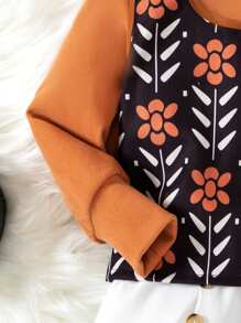 3pcs/Set Young Girl Solid Stand Collar Long Sleeve Top, Floral Print Vest And Loose Shorts Set, Casual For Autumn - Brown - View 5