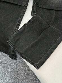 SHEIN 青少年男孩时尚休闲设计黑色阔腿牛仔裤，适合日常穿着男孩冬装服装和秋冬青少年男孩服装 - 黑色 - 查看 4