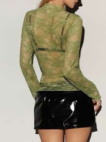 EgrlEra Sexy See-Through Lace Ruffle Edge Slim Fit Long Sleeve Women Top (Random Cut) Y2K Fall - Olive Green - View 2