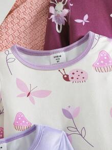 SHEIN Playful Pals 3 件套年轻女孩舒适睡衣，可爱海洋生物全身印花圆领长袖上衣和裤子套装 - 彩色 - 查看 3