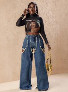 Slaydiva Women Fashion Patchwork Fringe Cutout Wide Leg Loose Casual Jeans Pants - Blue - View 6