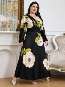 Modelyn Plus Size Women Floral Print V-Neck Lantern Sleeve Long Elegant Dress Long Evening Dresses