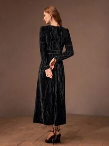 MOTF PREMIUM VELVET V-NECK PUFF SLEEVE CONTRAST PIPING LONG DRESS FOR HOLIDAY, PARTY CLOTHES, WOMEN OUTFIT - Black - View 7