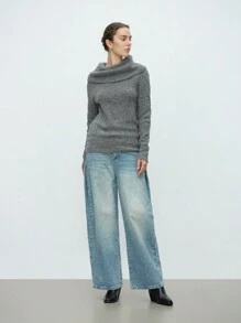 Aalyst 女士不对称高领休闲百搭长袖羊毛毛衣