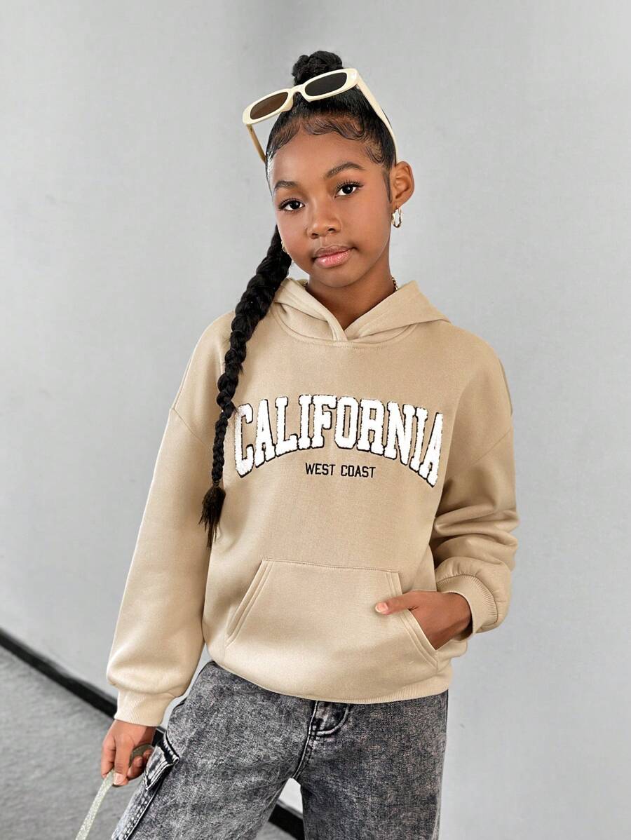 SHEIN Áo nỉ dài tay lót nhiệt phong cách đường phố cho bé gái tuổi teen - Màu Khaki - Xem 1