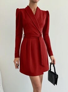 SHEIN Tall Robe élégante unie avec ceinture et encolure cache-cœur, taille grande pour femme - Rouge - Voir 3