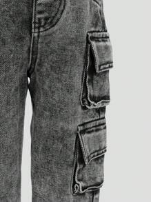 SHEIN Explorewe Baby Girl Unisex Streetwear Distressed Washed Multi Pocket Elastic Waist Wide Leg Jeans, Versatile Fashion Item Suitable For All Seasons - Light Grey - View 3