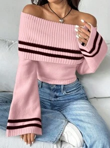 SHEIN Unity Women's Striped Foldover Off-Shoulder Bell Sleeve Cropped Casual Pullover Sweater For Autumn/Winter Knit Pullover Fall - Dusty Pink - View 6