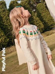 SHEIN 1 Pc Young Girls Sweater Dresses Fun Jacquard Cute/Retro/Casual/Home/Outdoor Winter/Fall Outfits Little Girl Clothes/Young Girl Fall Clothes, For Christmas