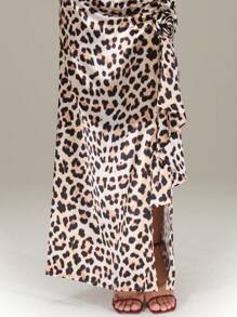 SHEIN Unity 3D Rose Leopard Printed Satin Low Back Halter Dress Maxi Women Outfit Cheetah Print