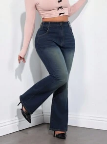 SHEIN ICON Women Casual Washed Mid-Waist Flared Jeans With Slant Pockets - Dark Wash - View 3