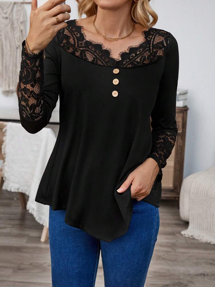 Ausgeh-Top Spitze Party Winter Langarm Top Schwarzes Top Schwarz Herbst Schwarzes Langarm Neujahr Winter Damen T-Shirt