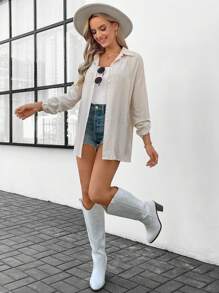 SHEIN LUNE 1 件女式杏色长袖工作衬衫，春季 - 杏色 - 查看 1