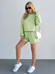 SHEIN LUNE 2pcs Women's Textured Long Sleeve Hoodie & Drawstring Waist Shorts Set - Green - View 4