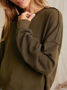 WESTFADE Thermal Crewneck Drop Shoulder Exposed Seam Split High Low Hem Long Sleeve Crop Top - Army Green - View 2