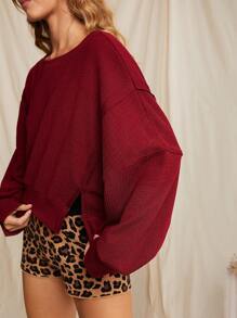 WESTFADE Spring Crewneck Split Hem Exposed Seam Long Sleeve Cropped Thermal Top - Burgundy - View 6