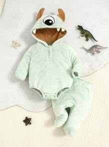 2pcs Newborn Soft Long Sleeve Bodysuit & Pants Set, Cute Style Home Clothes - Green - View 1