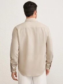 Manfinity VCAY 1 pieza Camisa de manga larga casual de hombre con cuello vuelto liso y abotonadura, adecuada para uso diario - Caqui - Ver 2
