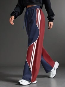 SHEIN Sports Women's Casual Color Block Drawstring Waist Outdoor Pants - Blue - View 4