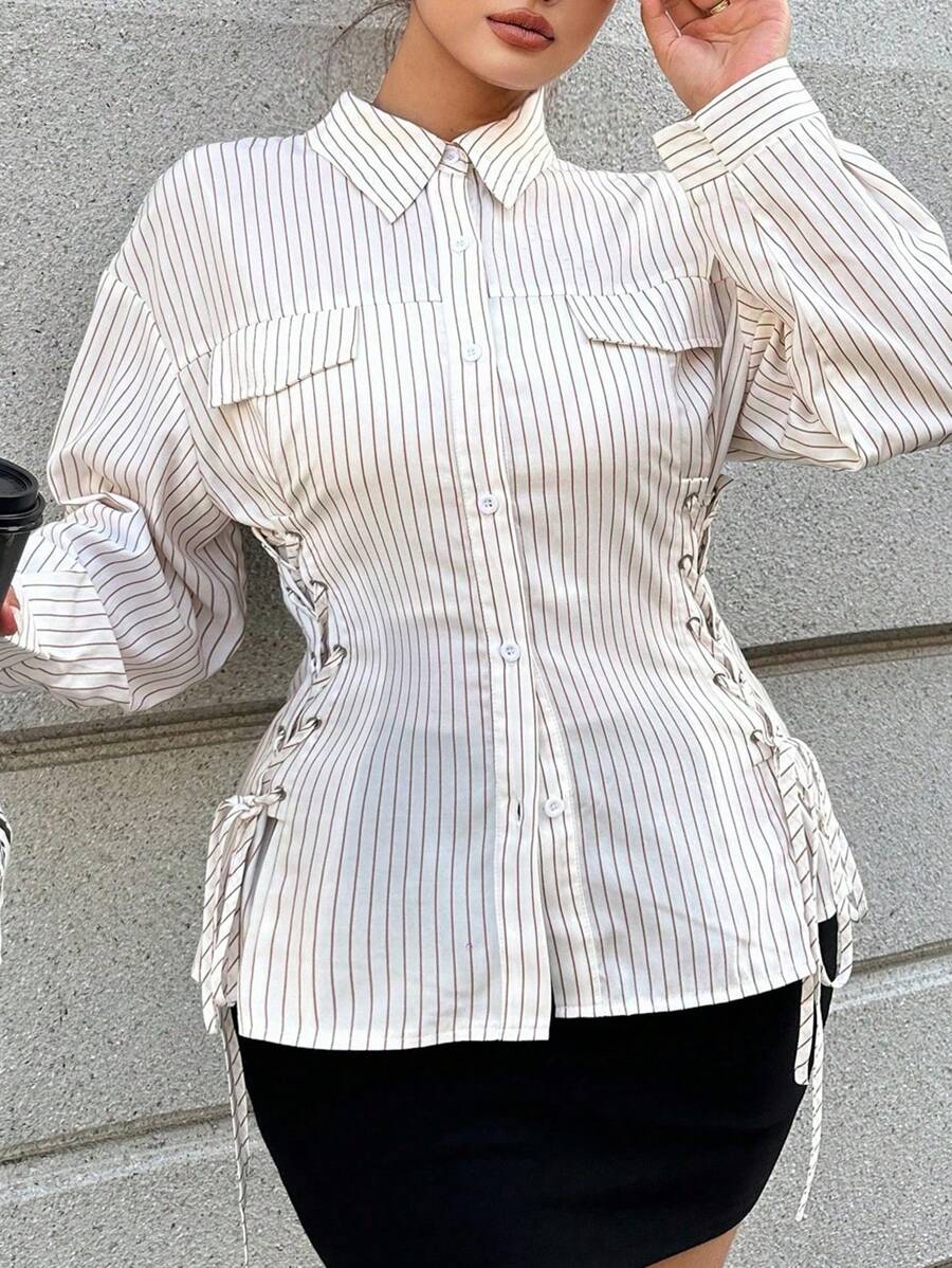 Flirla Plus Size Women Collared Slim Fit Button Down Long Sleeve Striped Cinched Waist Waist Bowknot Decorative Pockets Shirt Blouse, Autumn & Winter - White - View 1
