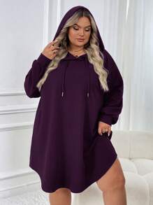 SHEIN CURVE+ Women Plus Size Casual Sports Loose Fit Hooded Sweatshirt Dress With Arched Hem, Autumn/Winter Fall