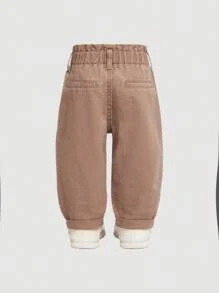 SHEIN Baby Girls/Toddler Bowknot Khaki Denim Wide Leg Plush Lined Pants - Khaki - View 2