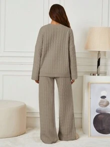 RueChic 2pcs Solid Color Rib Knit Crew Neck Long Sleeve Top And Pants Sweater Set For Women - Mocha Brown - View 2