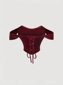 SHEIN MOD Vintage Romantic Red Velvet Women Top, New Year,Valentine Outfit
