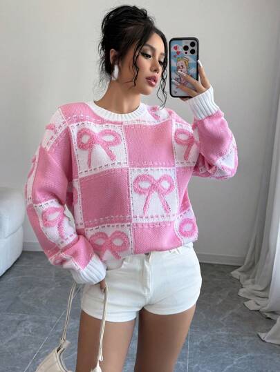 Selianne 2024 Round Neck Design Checkered Splicing 3D Bow Knitted Sweater, Long Sleeve Top Fall Winter