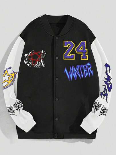 Street Life Men Letter Print Patchwork Button Front Long Sleeve Jacket With Pockets