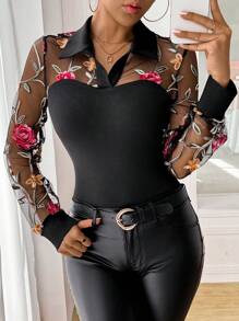 SHEIN Clasi Women's Autumn/Winter Embroidered Patchwork Slim Fit Base Layer T-Shirt Fall Cloth For Women - Black - View 4