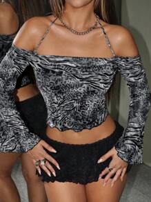 SHEIN ICON Cheetah Print Leopard Print Off Shoulder Halter Y2K Animal Print Flare Sleeves Sexy T-Shirt