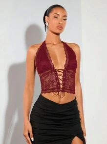 SHEIN BAE Sexy Lace Halter Crop Top , Country Concert Rave Festival Summer - Burgundy - View 3